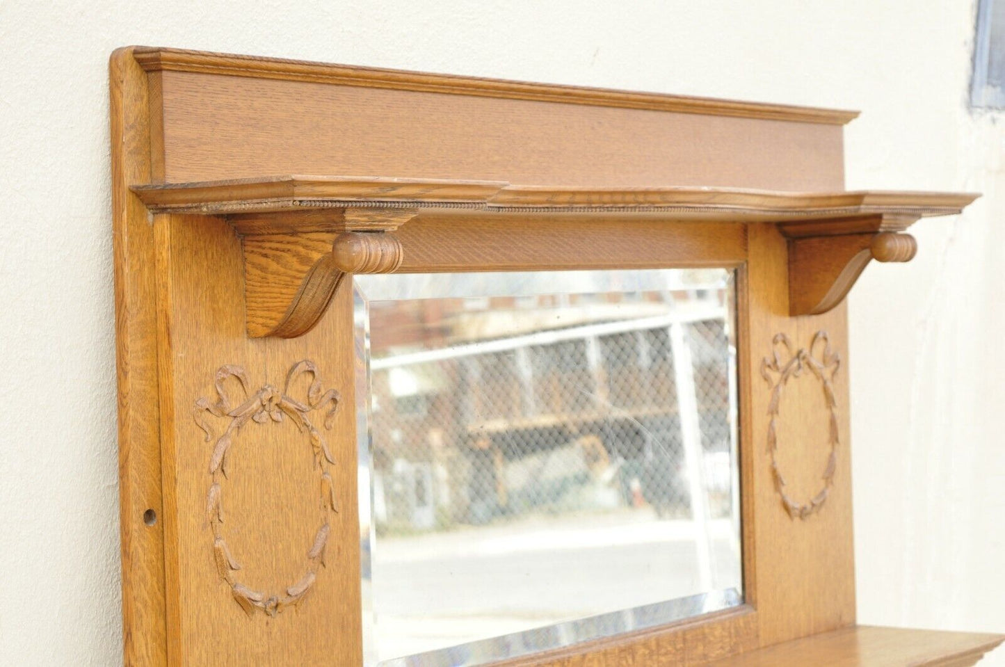 Antique American Victorian Golden Oak Wood Fireplace Mantel With Beveled Mirror