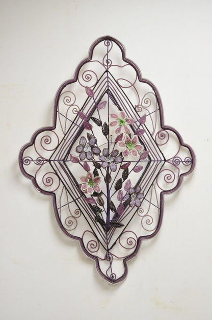 French Victorian Glass Beaded Purple Flower Casket Wreath Wall Sculpture (A)