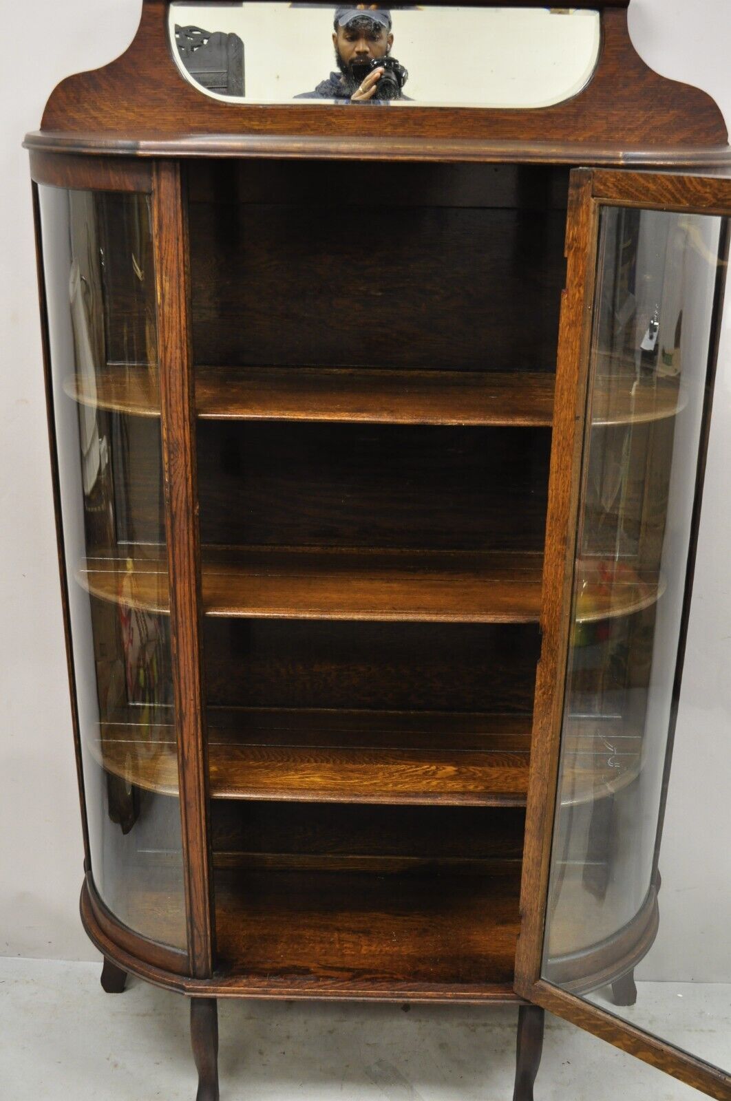 Antique American Victorian Oak Wood Curved Glass China Display Cabinet