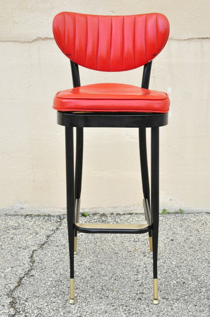 Vintage Mid Century Lion Brand Black Metal Red Vinyl Italian Style Barstool