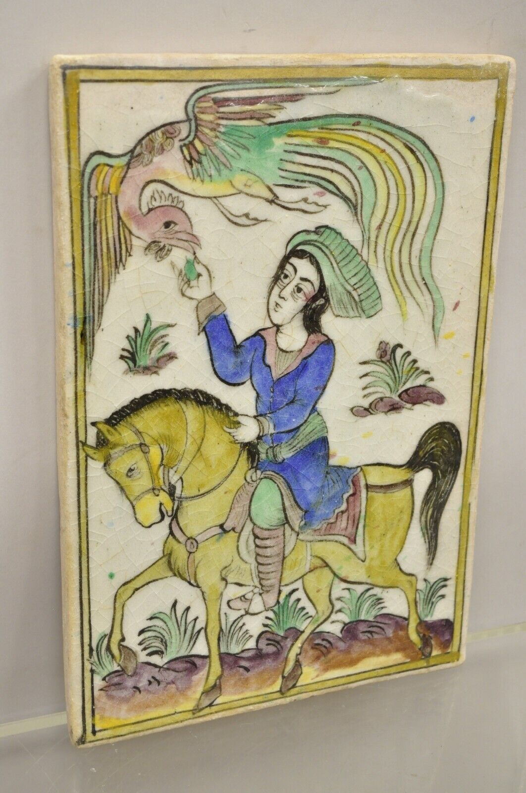 Antique Persian Iznik Qajar Style Ceramic Pottery Tile Phoenix Horse Rider C1