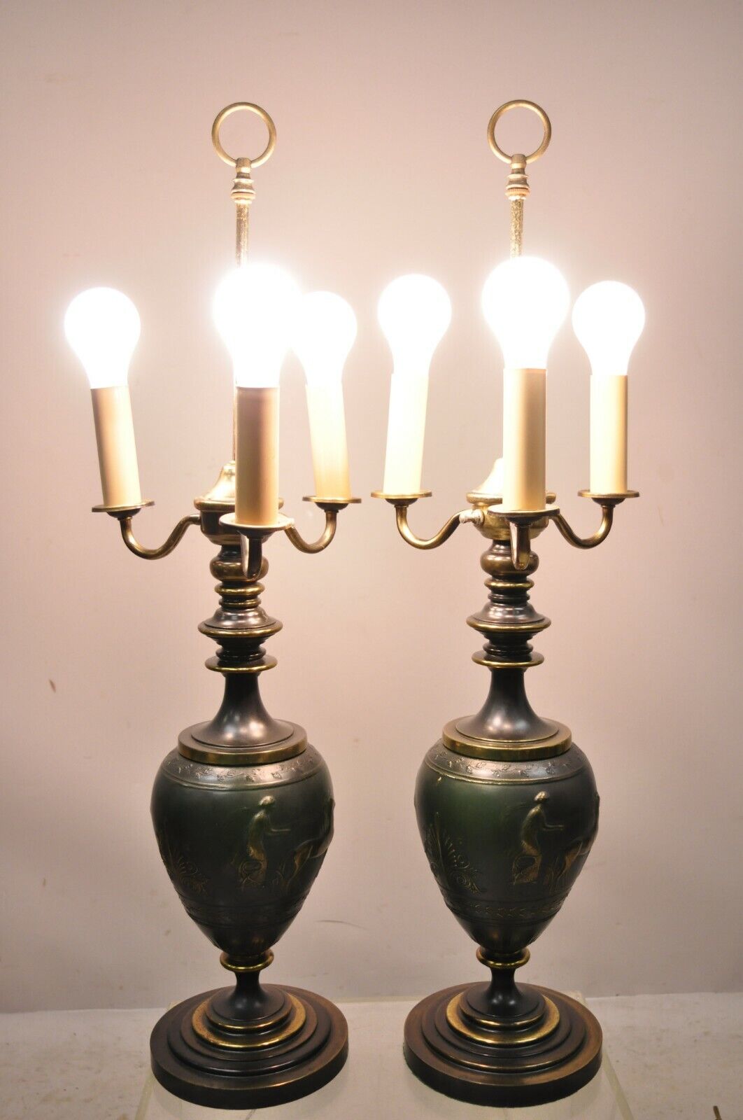 Antique Italian Classical Bronze Finish Metal Bulbous Figural Table Lamps - Pair