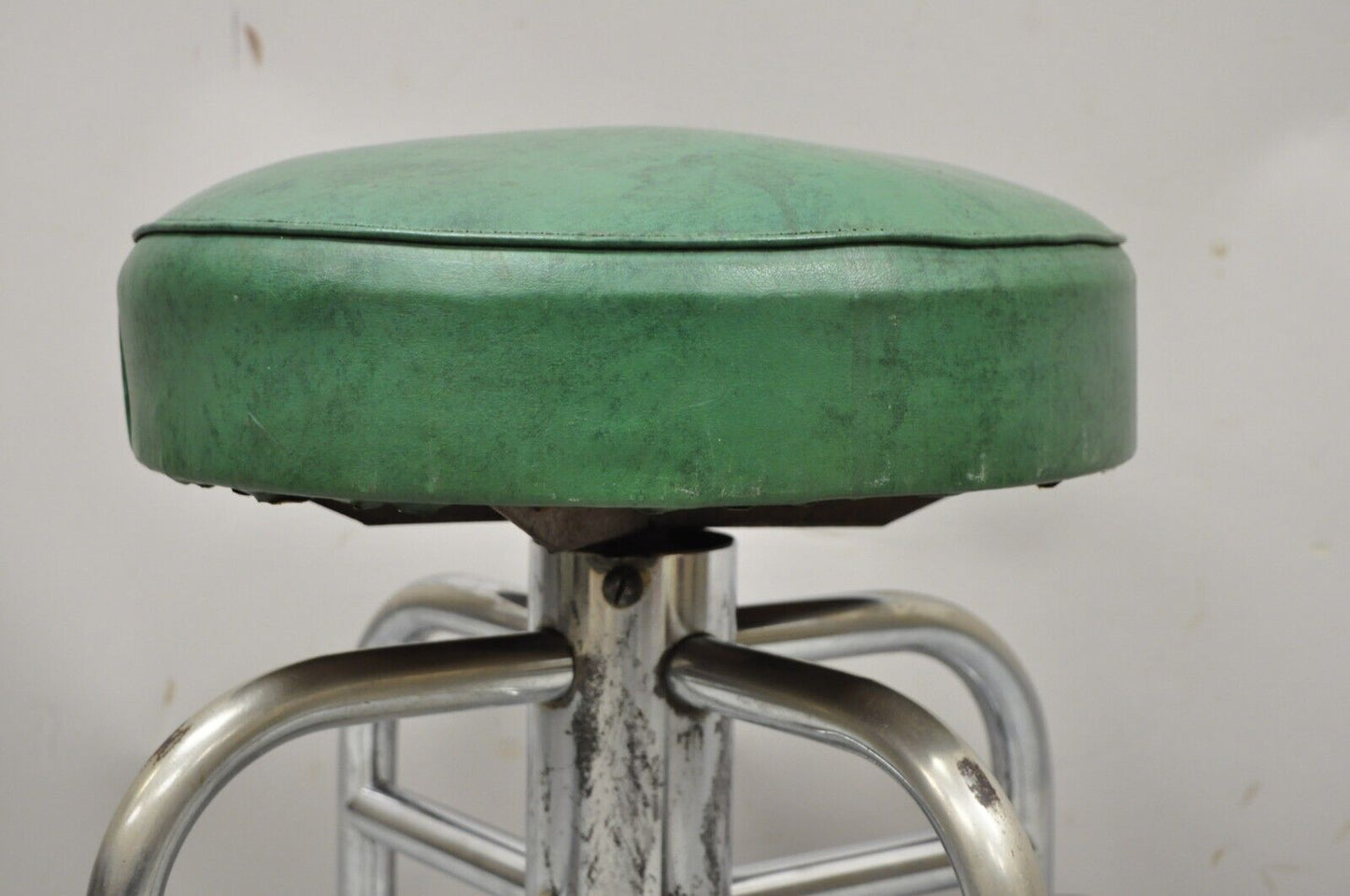 Antique American Industrial Metal Green Vinyl Rolling Work Stool Seat