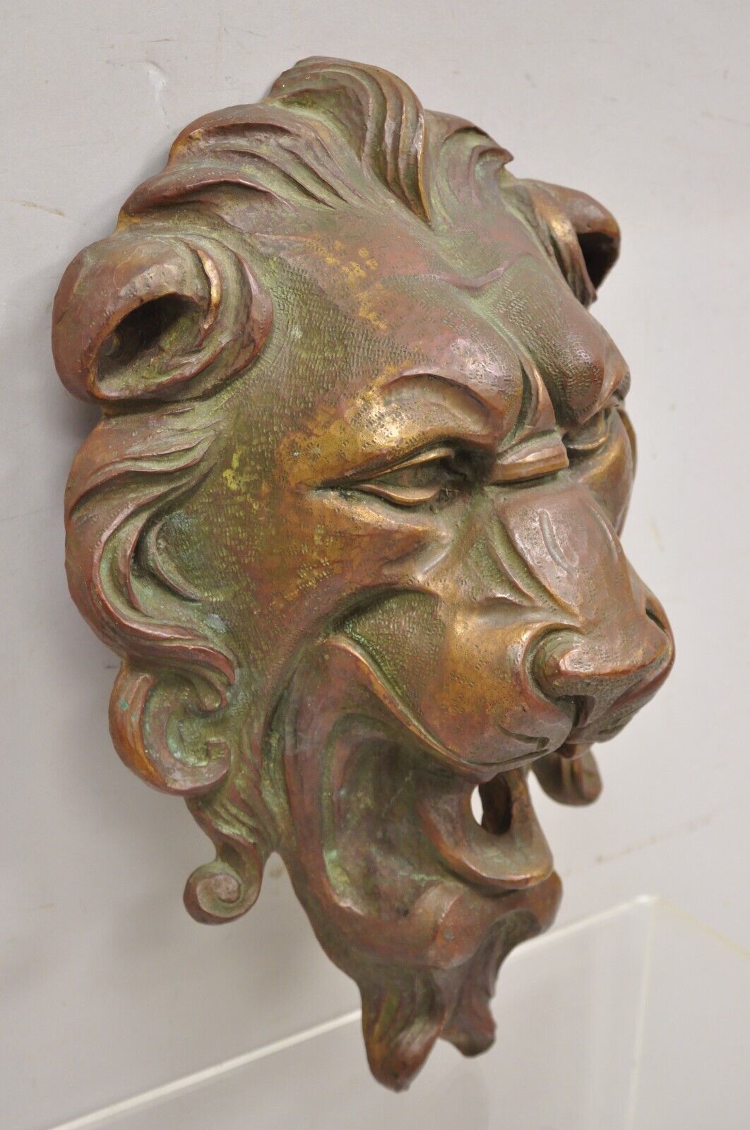 Antique Cast Bronze English Regency Lion Head Garden Wall Mounted Fountain Plate