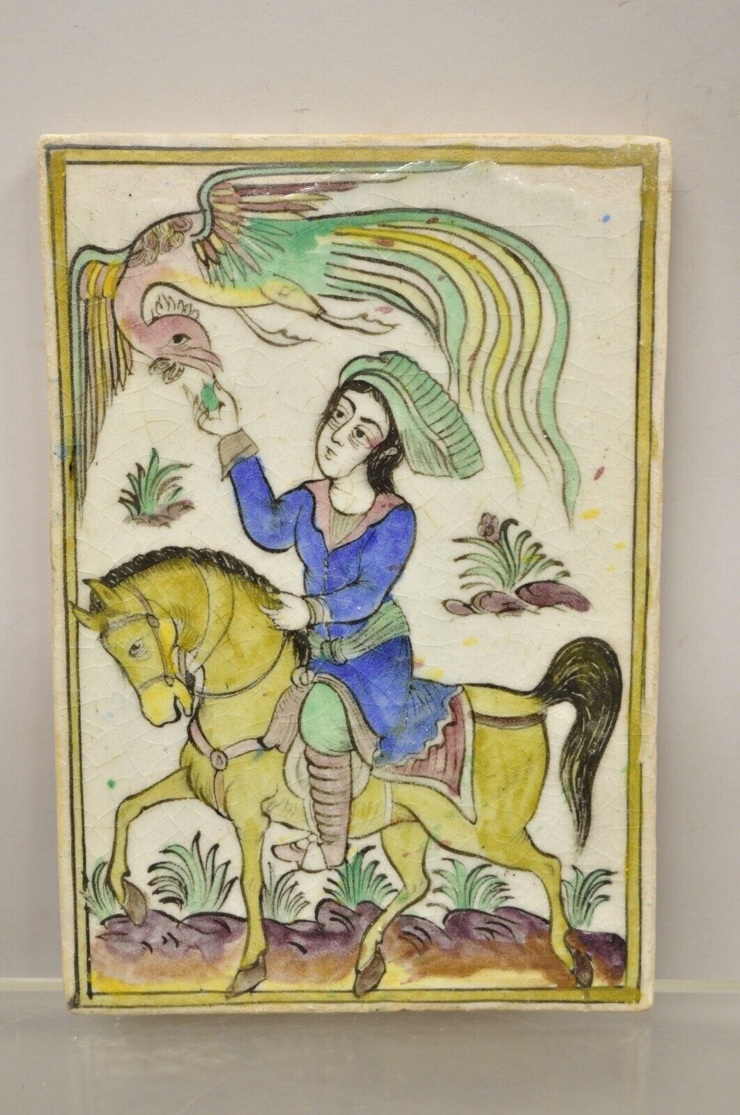 Antique Persian Iznik Qajar Style Ceramic Pottery Tile Phoenix Horse Rider C1