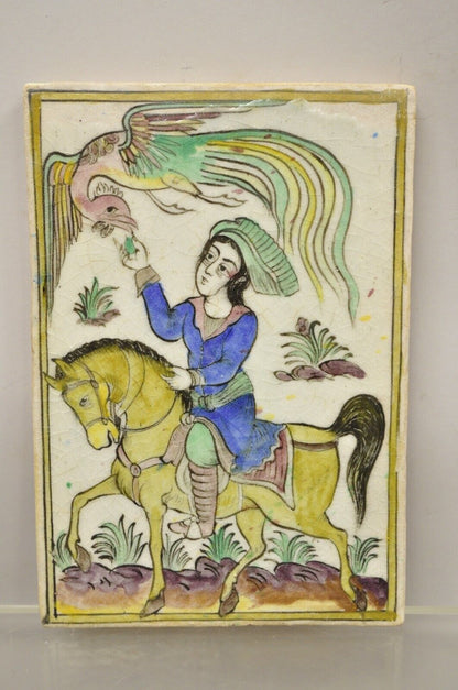 Antique Persian Iznik Qajar Style Ceramic Pottery Tile Phoenix Horse Rider C1