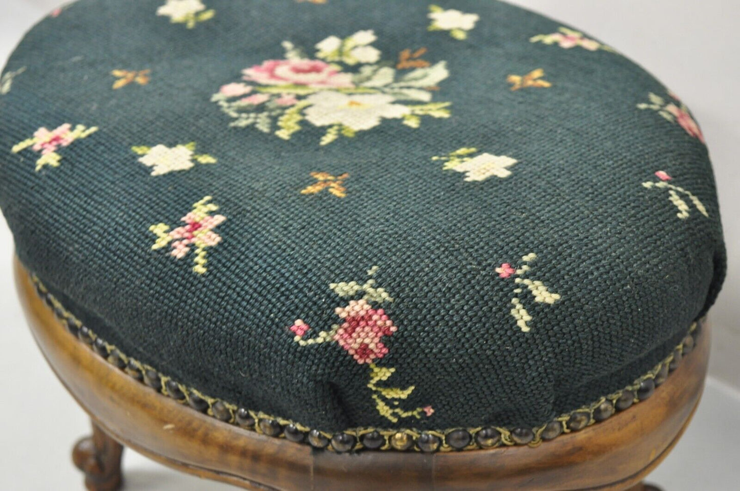 Antique French Victorian Green Floral Needlepoint Oval Mahogany Small Footstool