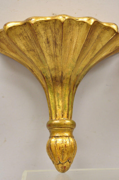 Maitland Smith Distressed Gold Gilt Fluted Fan Design Wall Shelf Bracket - Pair