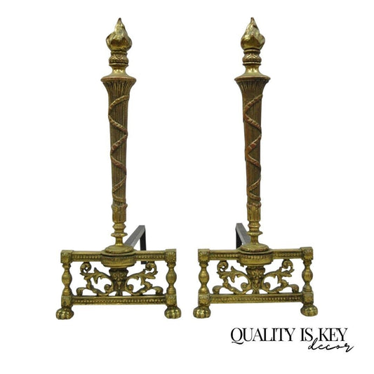 Pair Small French Empire Louis XVI Style Brass Column & Flame Finial Andirons