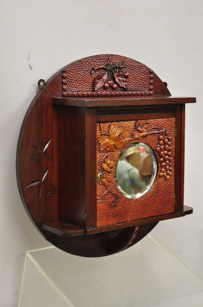 Antique Victorian Black Forest Carved Round Wall Mirror Curio Cabinet