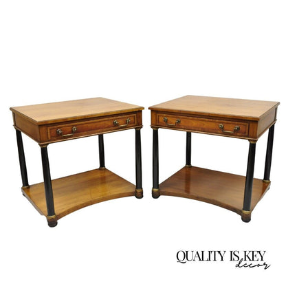 Century French Empire Style Cherry Wood Black Column 1 Drawer End Tables - Pair