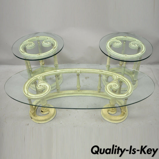 French Provincial Italian Scrollwork Wood Base Glass Top Coffee Table - 3 pc Set