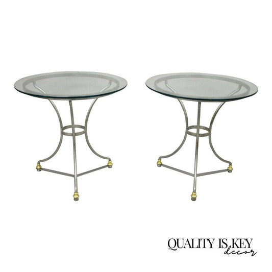 Italian Neoclassical Maison Jansen Brushed Steel Brass Round End Tables - a Pair