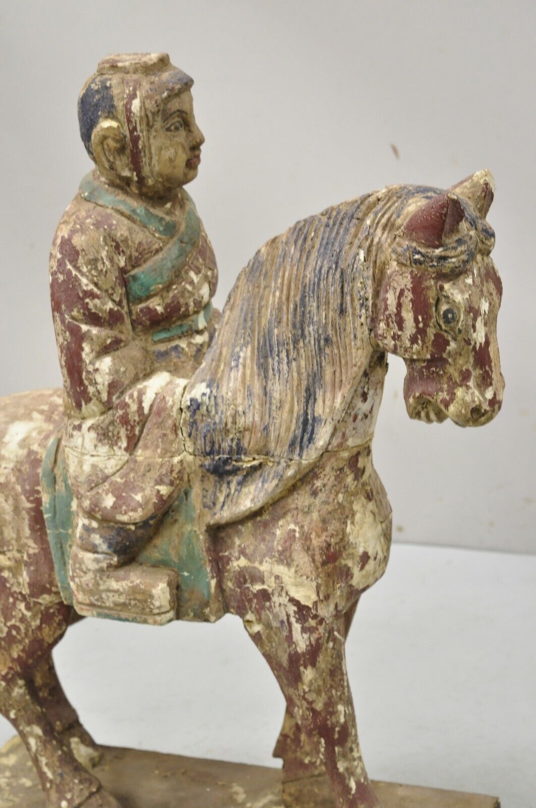 Chinese Polychrome Carved Wood Tang Horse and Rider Statue Sculpture