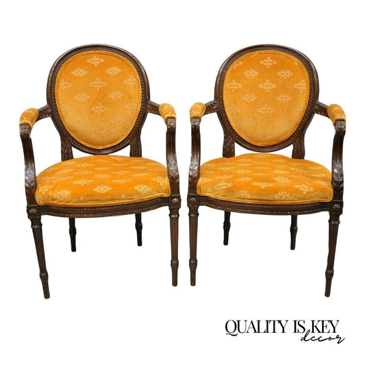 French Louis XVI Style Upholstered Oval Back Dining Arm Chairs - a Pair