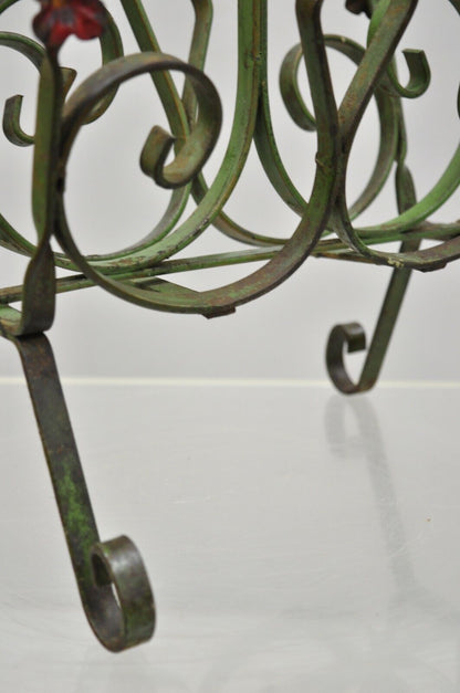 Antique Art Nouveau French Style Wrought Iron Small Green Magazine Rack Flowers