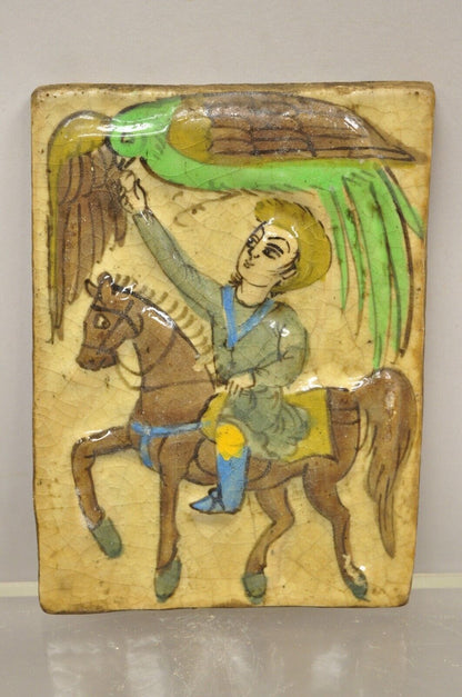 Antique Persian Iznik Qajar Style Ceramic Pottery Tile Green Phoenix Bird C4