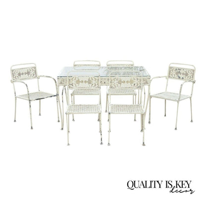 Vintage Wrought Iron Grape Leaf Garden Patio Dining Table 6 Chairs - 7 Pc Set
