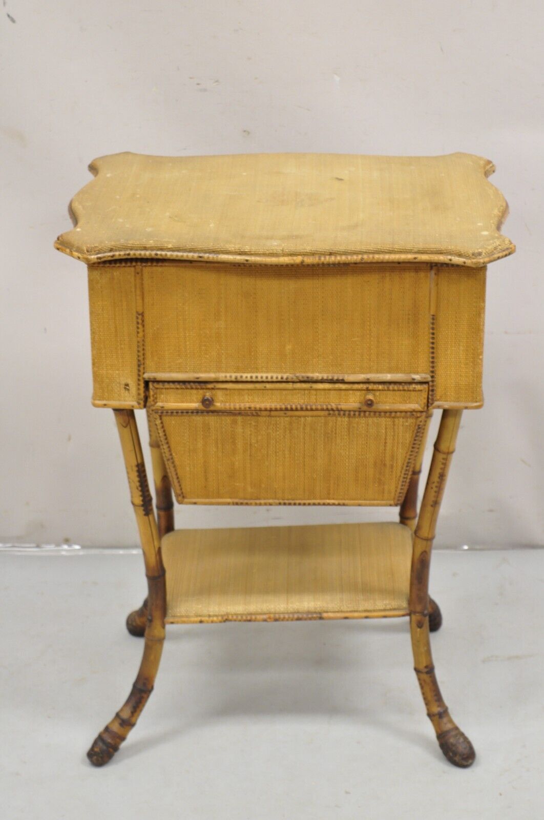 Antique English Victorian Bamboo Rattan Sewing Box Work Stand Side Table