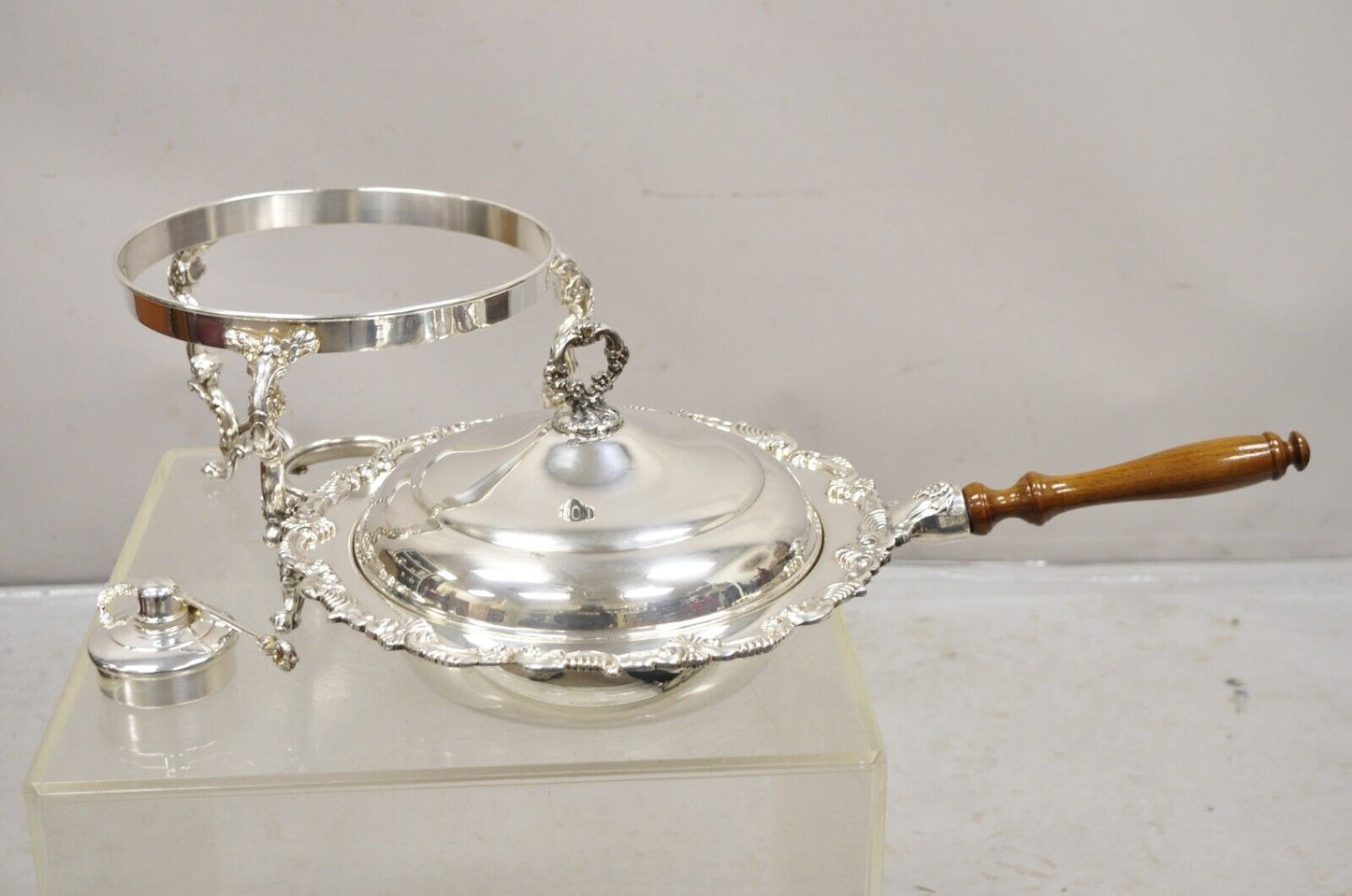 Vintage Victorian Style Ornate Silver Plated Chafing Dish Food Warmer w/ Burner