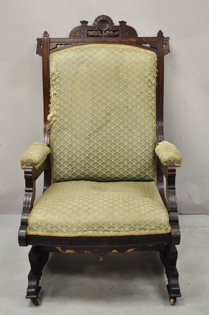 Antique Eastlake Victorian Carved Walnut Platform Rocker Rocking Chair