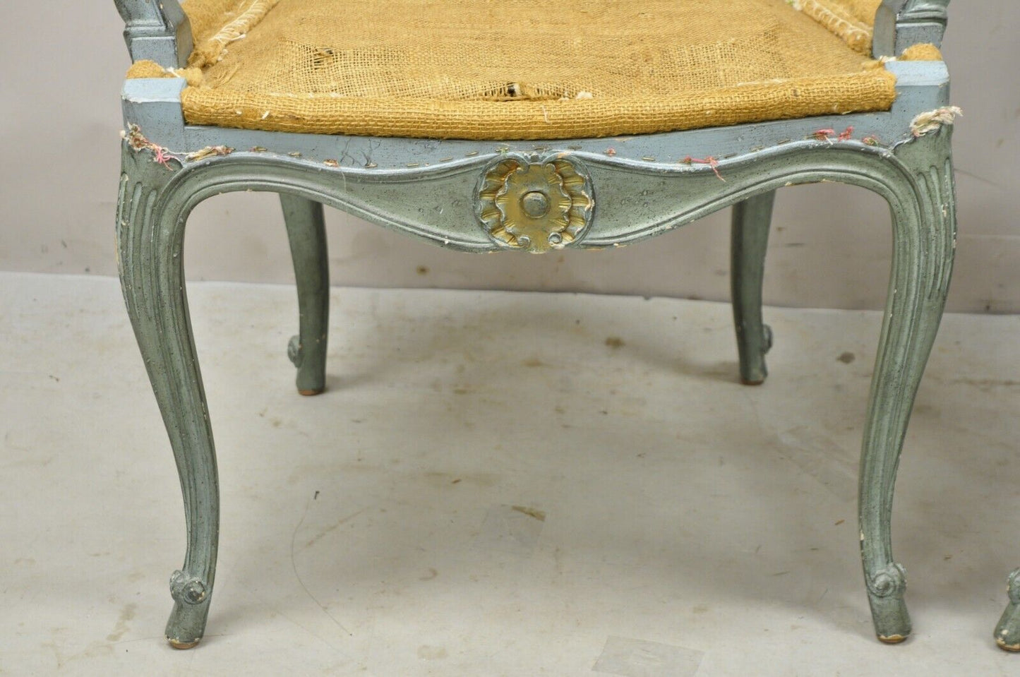 Pair Vintage French Louis XV  Style Blue Painted Cane Back Fauteuil Arm Chairs