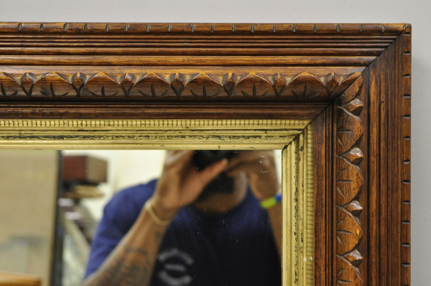 19th C American Victorian Hand Carved Oak Wood Gold Gilt Shadow Box Mirror