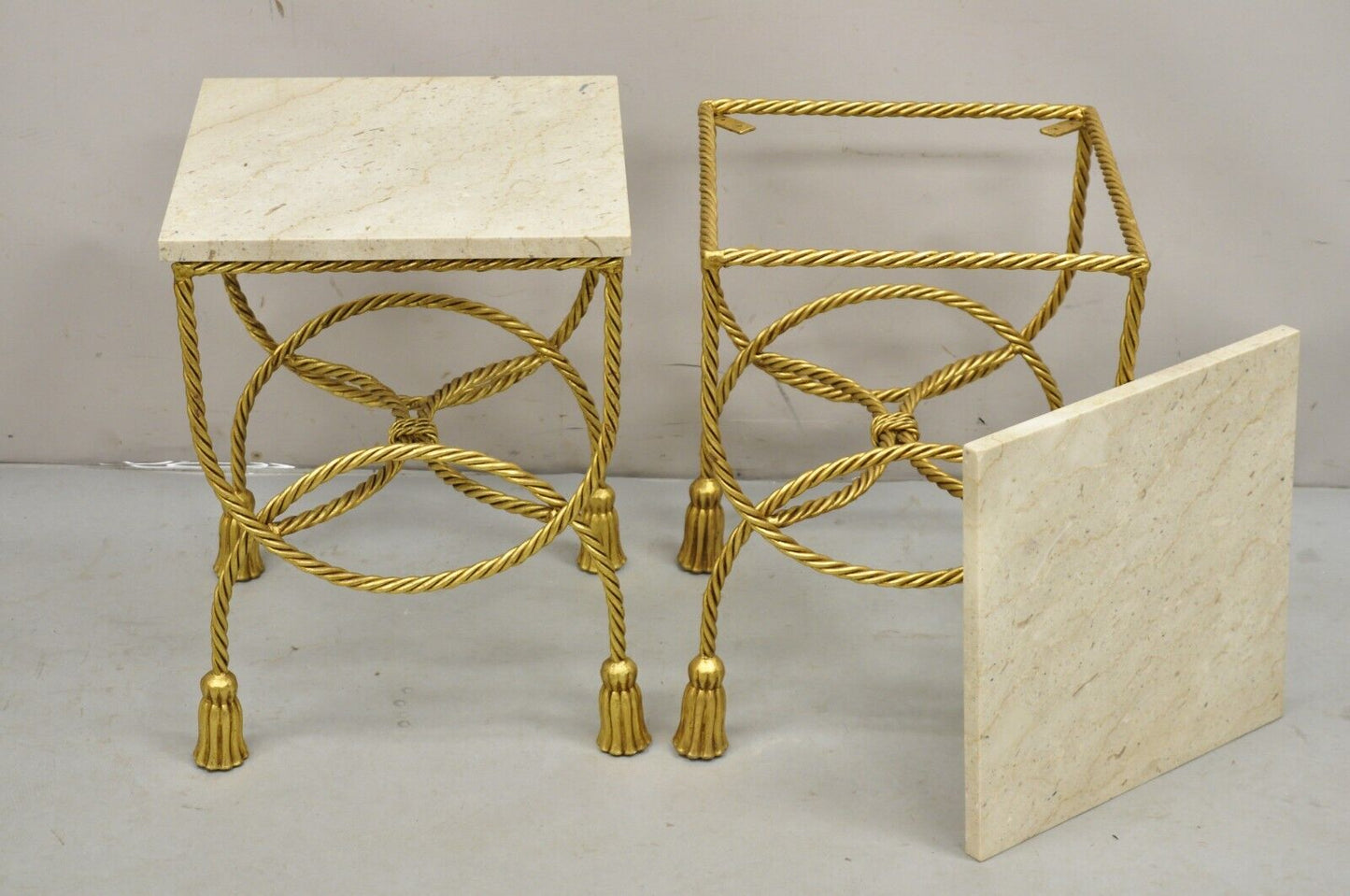 Italian Hollywood Regency Gold Gilt Iron Rope Tassel Marble Top Side Table Pair