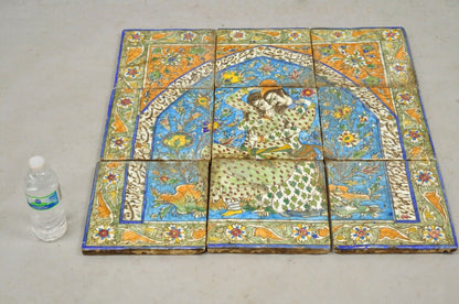 Antique Persian Iznik Qajar Style Ceramic Pottery Tile Man & Woman Mosaic Set C6