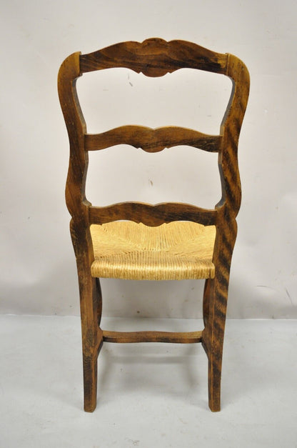 Vintage French Provincial Distressed Wood Ladder Back Rush Seat Dining Chair