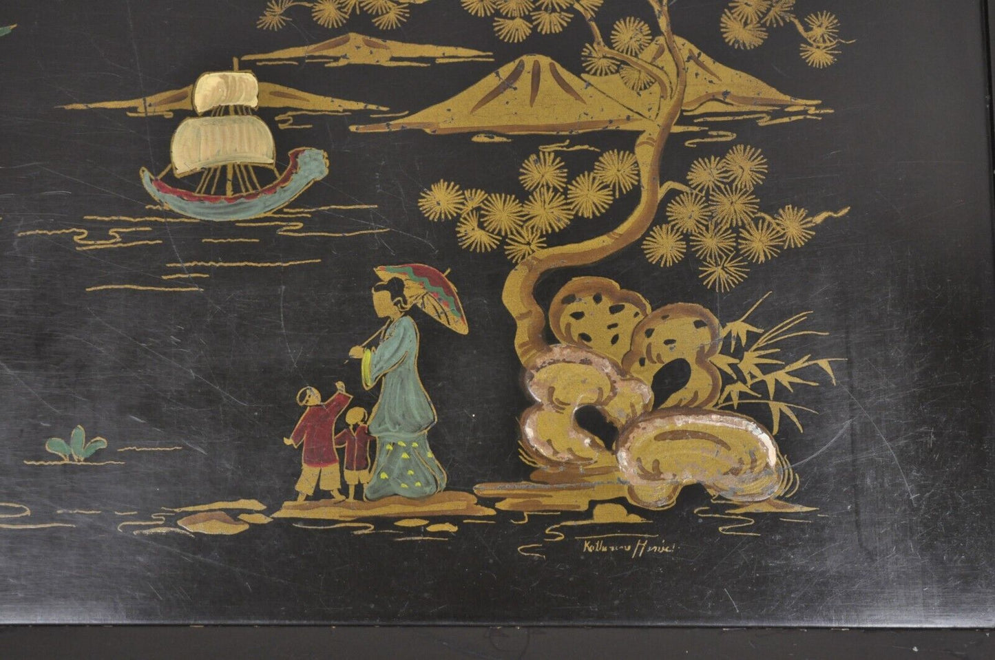 Vintage Katherine Henick Chinoiserie Chinese Black Hand Painted Coffee Table