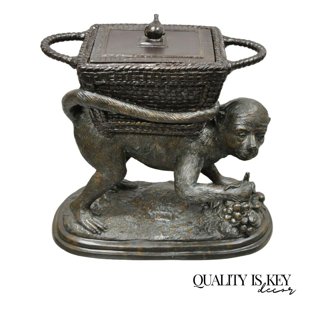 Maitland Smith Cast Bronze Monkey w/ Lidded Basket Planter Pot Statue Sculpture