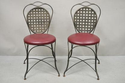 Italian Regency Style Wrought Iron Sunroom Lattice Round Seat Chairs - a Pair