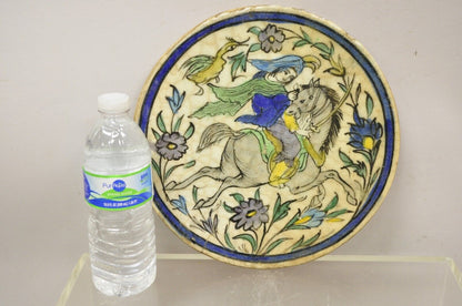 Antique Persian Iznik Qajar Style Ceramic Pottery Round Tile Horse and Rider C4