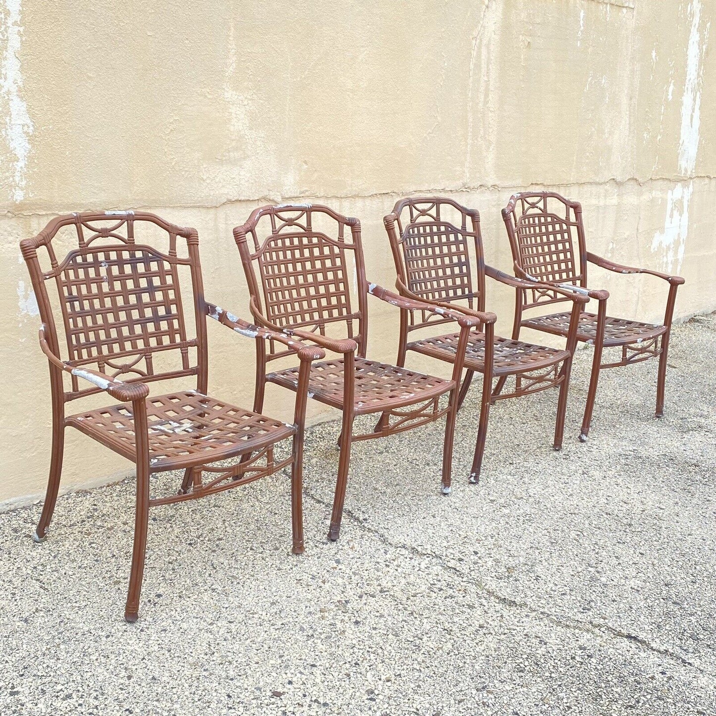Cast Aluminum Basket Weave Lattice Rattan Patio Outdoor Arm Chairs - Set of 4