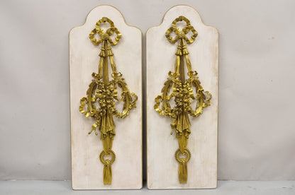 French Louis XV Gold Gilt Bronze Ribbon Drape Large Wall Plaque Sconces - a Pair