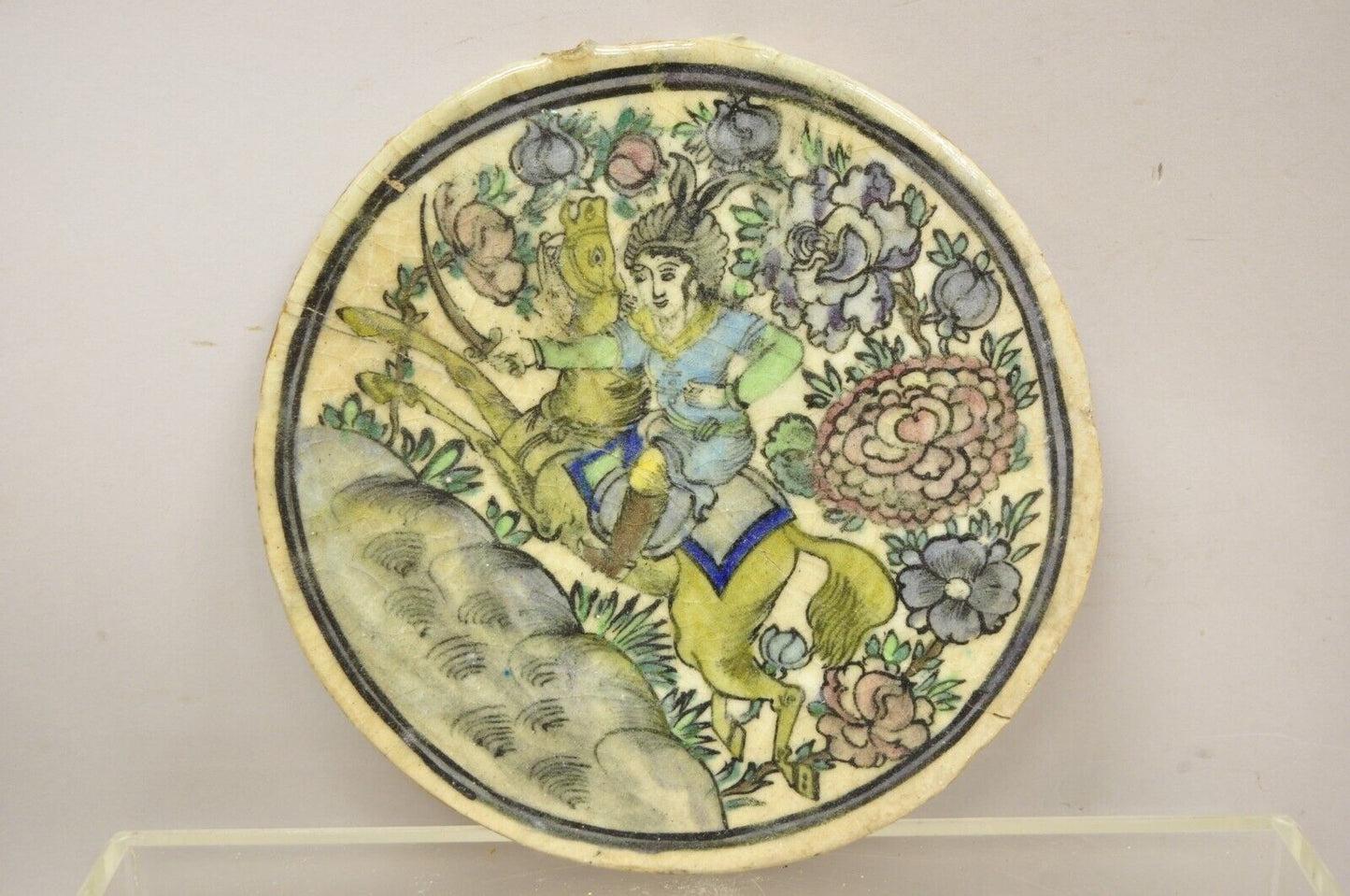 Antique Persian Iznik Qajar Style Ceramic Pottery Round Tile Horse with Rider C4