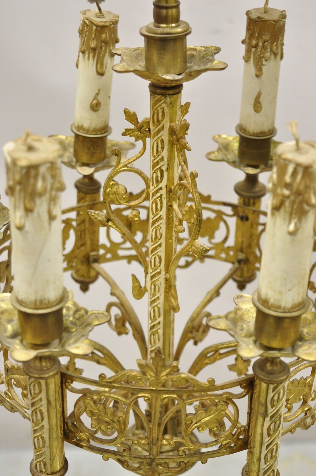 Antique Gothic Revival Gold Bronze Figural Candelabra Table Lamps - a Pair