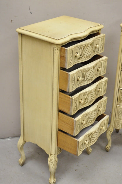 Pair Vtg French Country Provincial Style Cream Painted 5 Drawer Chest Nightstand