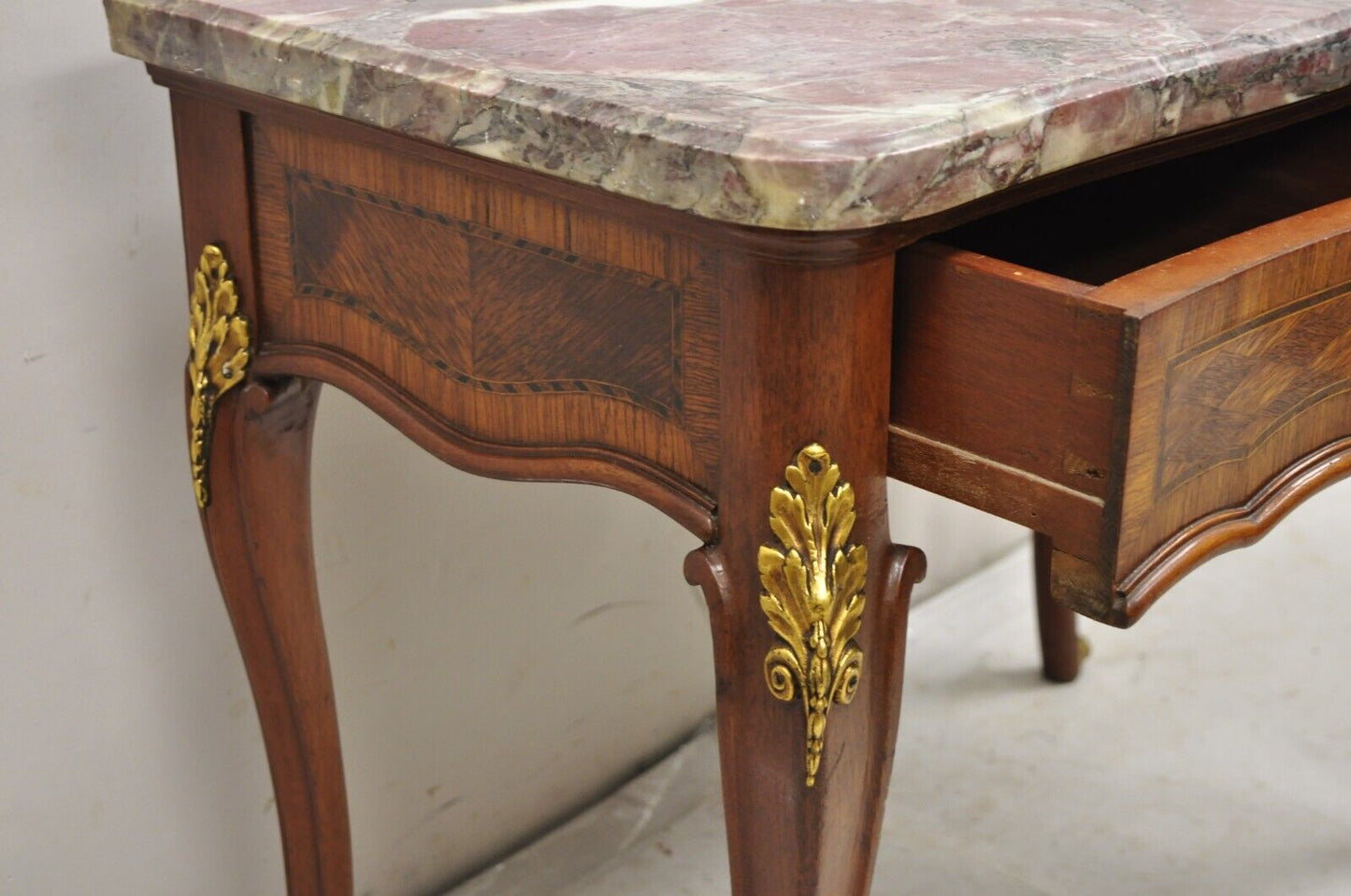 French Louis XV Style Rouge Marble Top Low Console Side Table with Drawer