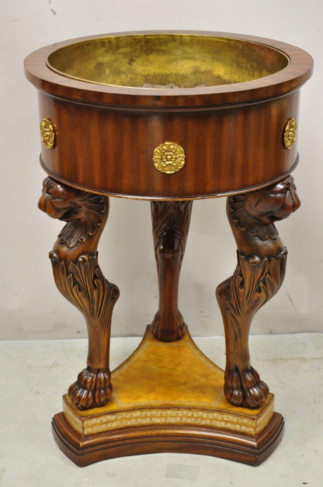 Maitland Smith Regency Style Mahogany Carved Lion Cellaret Planter Leather Base