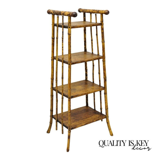 Antique English Victorian Bamboo 4 Tier Angled Curio Etagere Shelf Stand