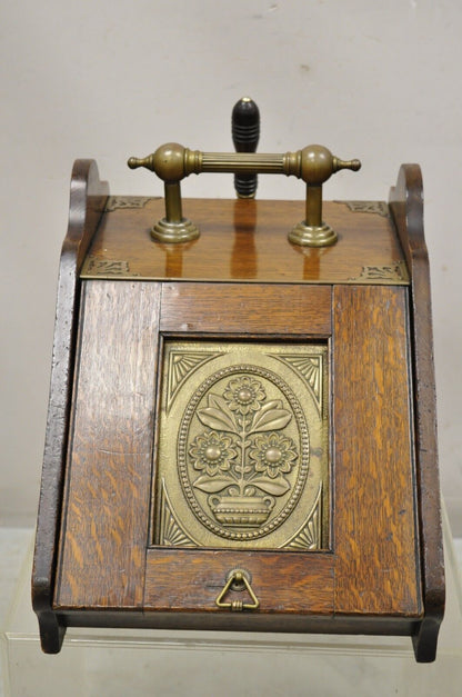 Antique 19th C Victorian and Brass Fireplace Scuttle Box Coal Bucket w/ Scoop