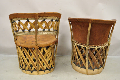 Vintage Brown Leather and Cedar Wood Mexican Equipale Barrel Club Chairs a Pair