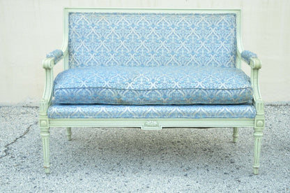 Vintage French Louis XVI Style Hollywood Regency Green Blue Settee Loveseat Sofa