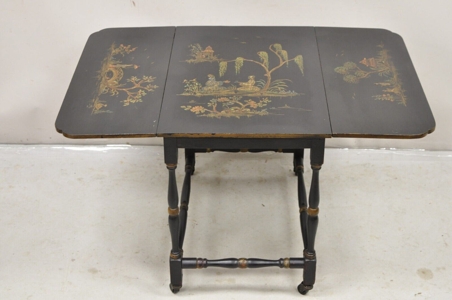 Antique Chinoiserie Asian Painted Small Black Dropleaf Side Table