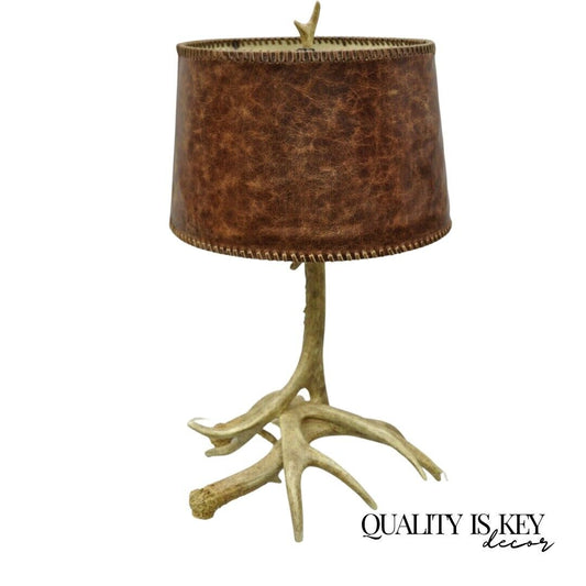 Faux Mule Deer Antler Horn Table Lamp with Brown Leather Shade