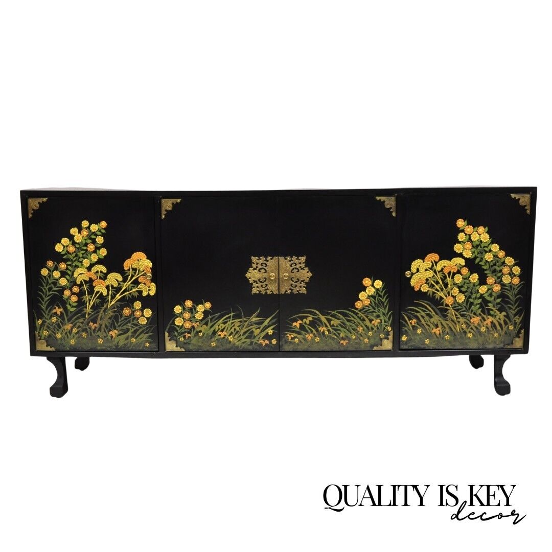 Vintage Chinoiserie Black Lacquer Hand Painted Floral Credenza Cabinet Sideboard