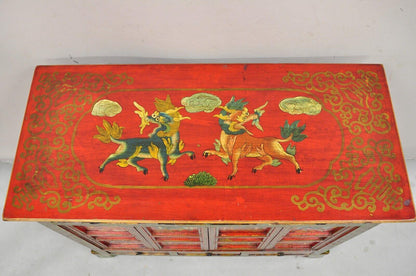 Tibetan Red and Green Hand Painted Wooden Buffet Cabinet Chest w/ Horse & Dragon