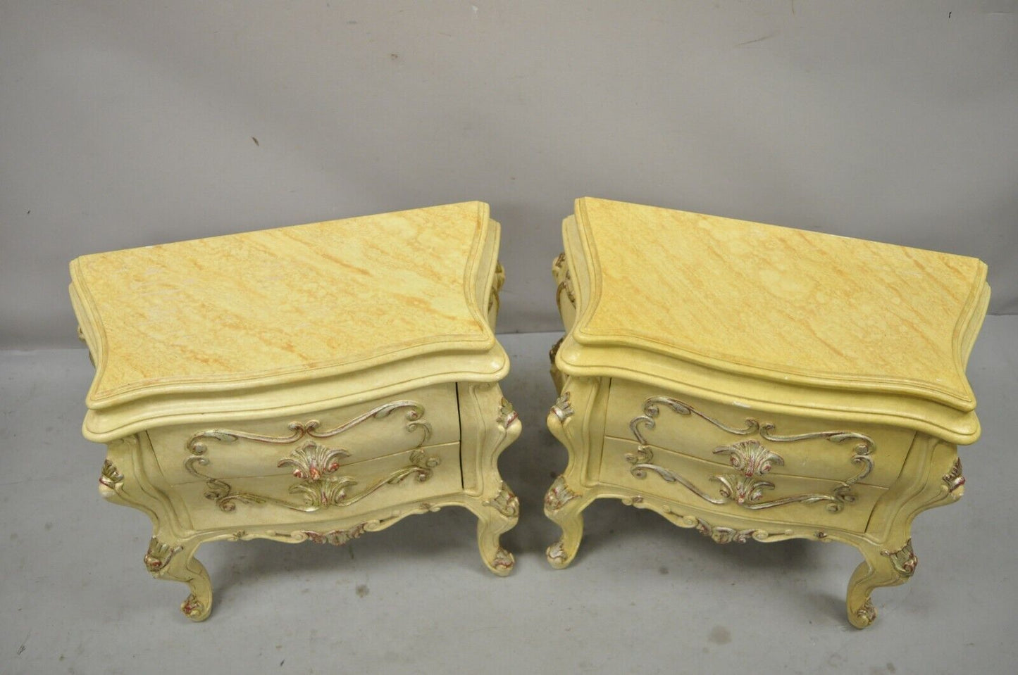 Italian Rococo Cream Lacquer 2 Drawer Nightstands Bombe Bedside Commode - a Pair